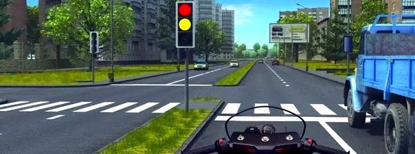 Иллюстрация к вопросу: При включении зелёного сигнала светофора Вам следует: