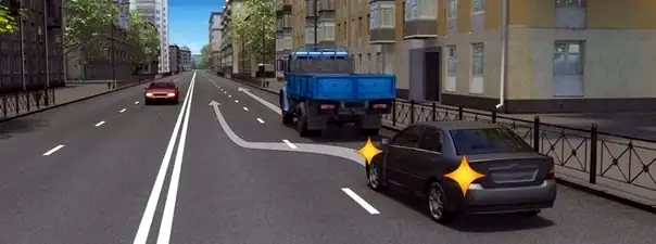 Иллюстрация к вопросу: Какой маневр намеревается выполнить водитель легкового автомобиля?