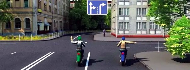 Иллюстрация к вопросу: Такой сигнал рукой, подаваемый водителем мотоцикла, который движется по левой полосе, информирует о его намерении: