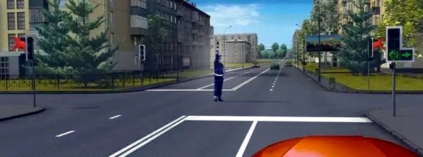 Иллюстрация к вопросу: При таких сигналах светофора и жесте регулировщика Вы должны:
