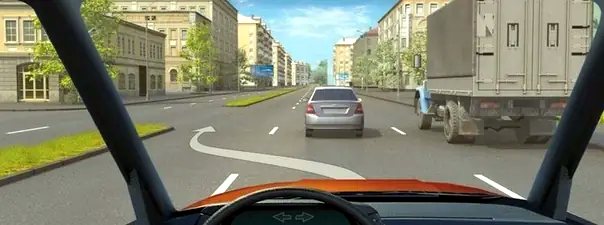 Иллюстрация к вопросу: Разрешается ли Вам, управляя грузовым автомобилем с разрешённой максимальной массой более 2,5 т, выехать на третью полосу в данной ситуации?