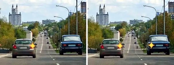 Иллюстрация к вопросу: Двигаясь по левой полосе, водитель намерен перестроиться на правую. На каком из рисунков показана ситуация, в которой он обязан уступить дорогу?