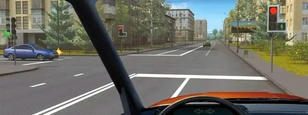 Иллюстрация к вопросу: Вы намерены проехать перекрёсток в прямом направлении. Ваши действия?
