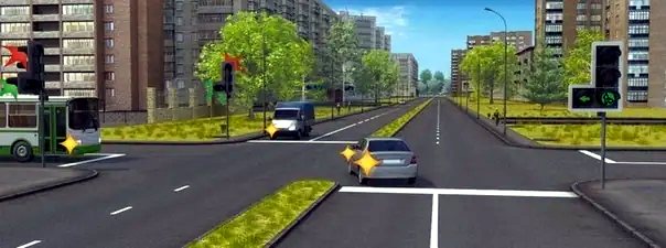 Иллюстрация к вопросу: При выполнении какого маневра водитель легкового автомобиля имеет преимущество в движении?