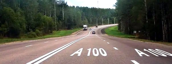 Иллюстрация к вопросу: Что обозначает разметка А100, нанесенная на проезжую часть дороги?