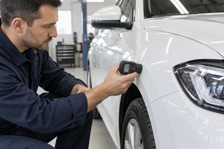 Эксперт проверяет лакокрасочное покрытие автомобиля